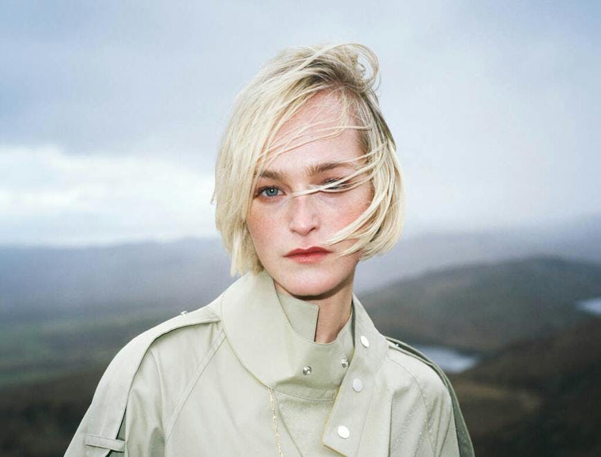 coat blonde person photography face portrait adult female woman jacket