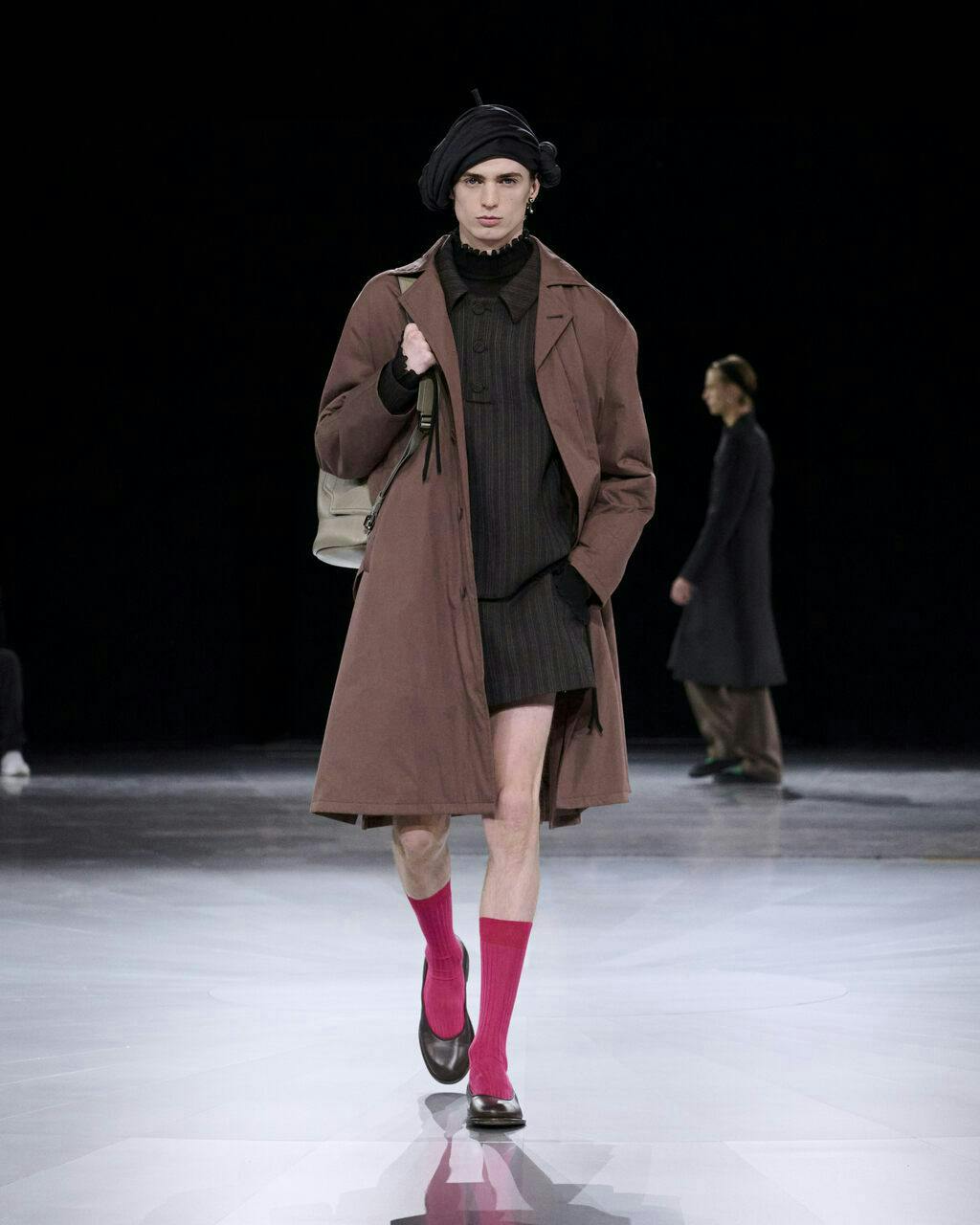 coat fashion long sleeve person adult female woman shoe face overcoat