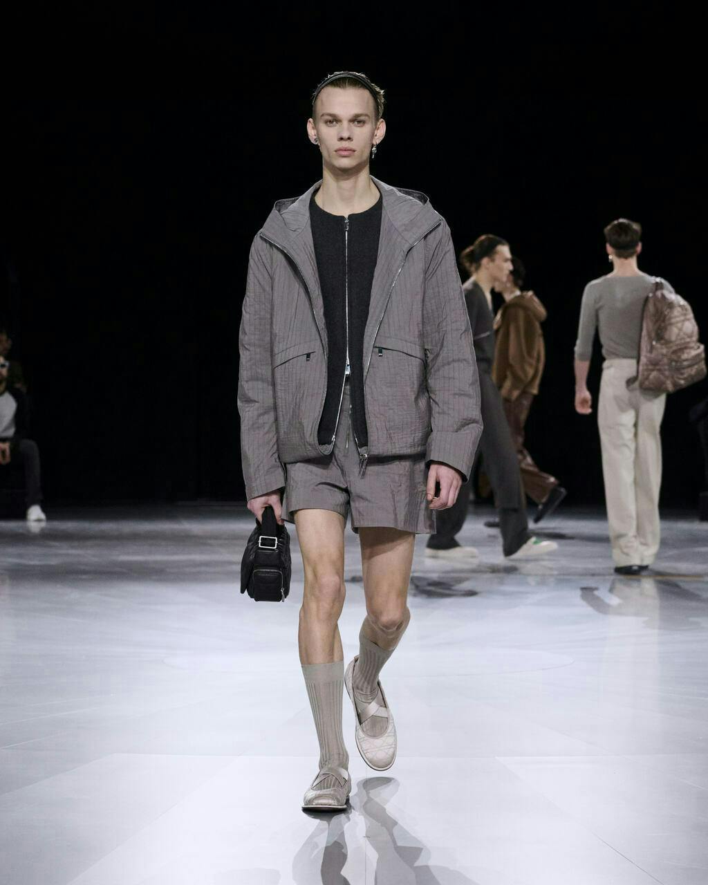 fashion adult male man person clothing coat long sleeve shorts shoe