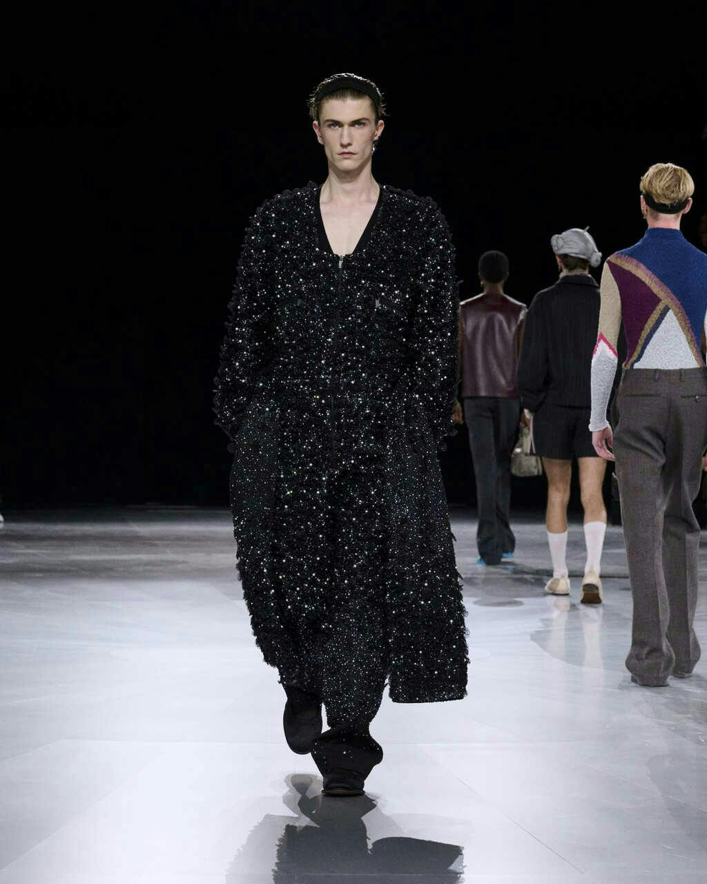 fashion long sleeve adult male man person coat skirt runway overcoat