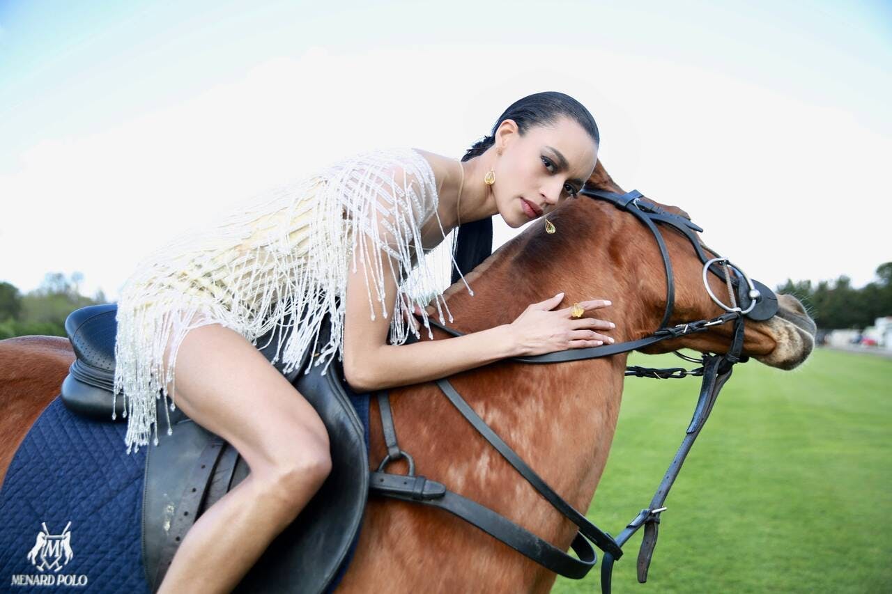 adult female person woman animal horse mammal horseback riding face grass